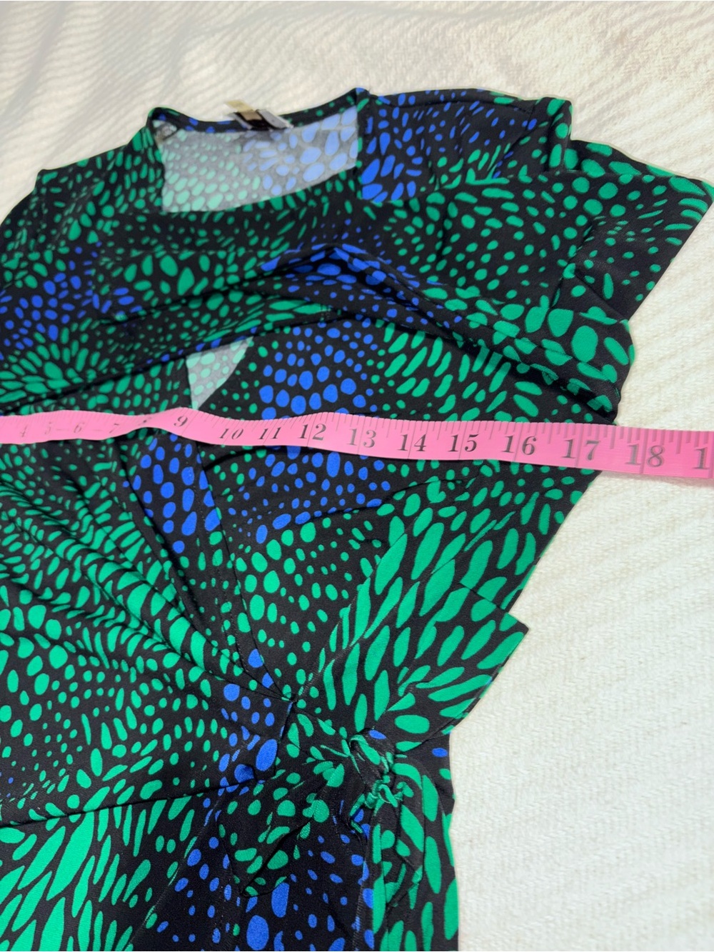 Anne Klein Vivid Blue, Green, & Black Printed Faux Wrap Long Sleeve Mini Dress - Picture 3 of 7